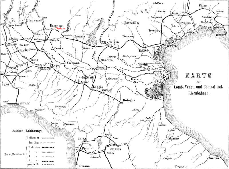 Bild Abb. 3: Karte der Lomb. Venet. und Central-Ital. Eisenbahnen [zur Zeit ihrer Übernahme durch die Privatbahn.] Aus [5], S.329 Abb.303.